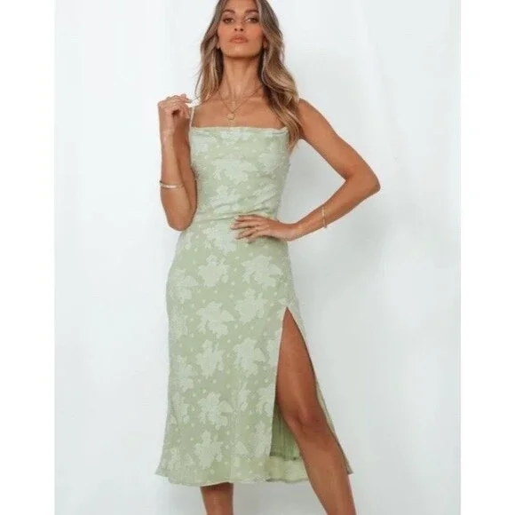 Hello Molly 6 Drinks On Me Midi Dress Green Cowl Slip Jaquard Floral Drape Neck - Picture 2 of 6